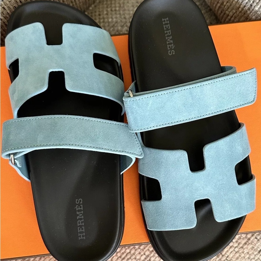 NIB HERMÈS Bleu Minéral Suede Women’s Chypre Sandals - Picture 4 of 11